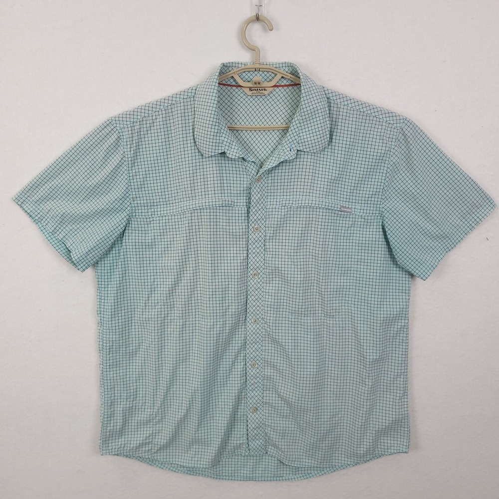 Simms Fishing Shirt Mens Blue Size XL Breathable Lightweight Plaid Zip Pockets